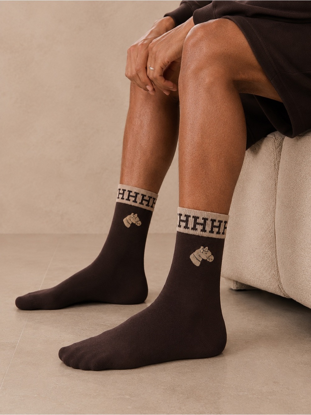 Hermes Brown Crew Socks with Beige Motif